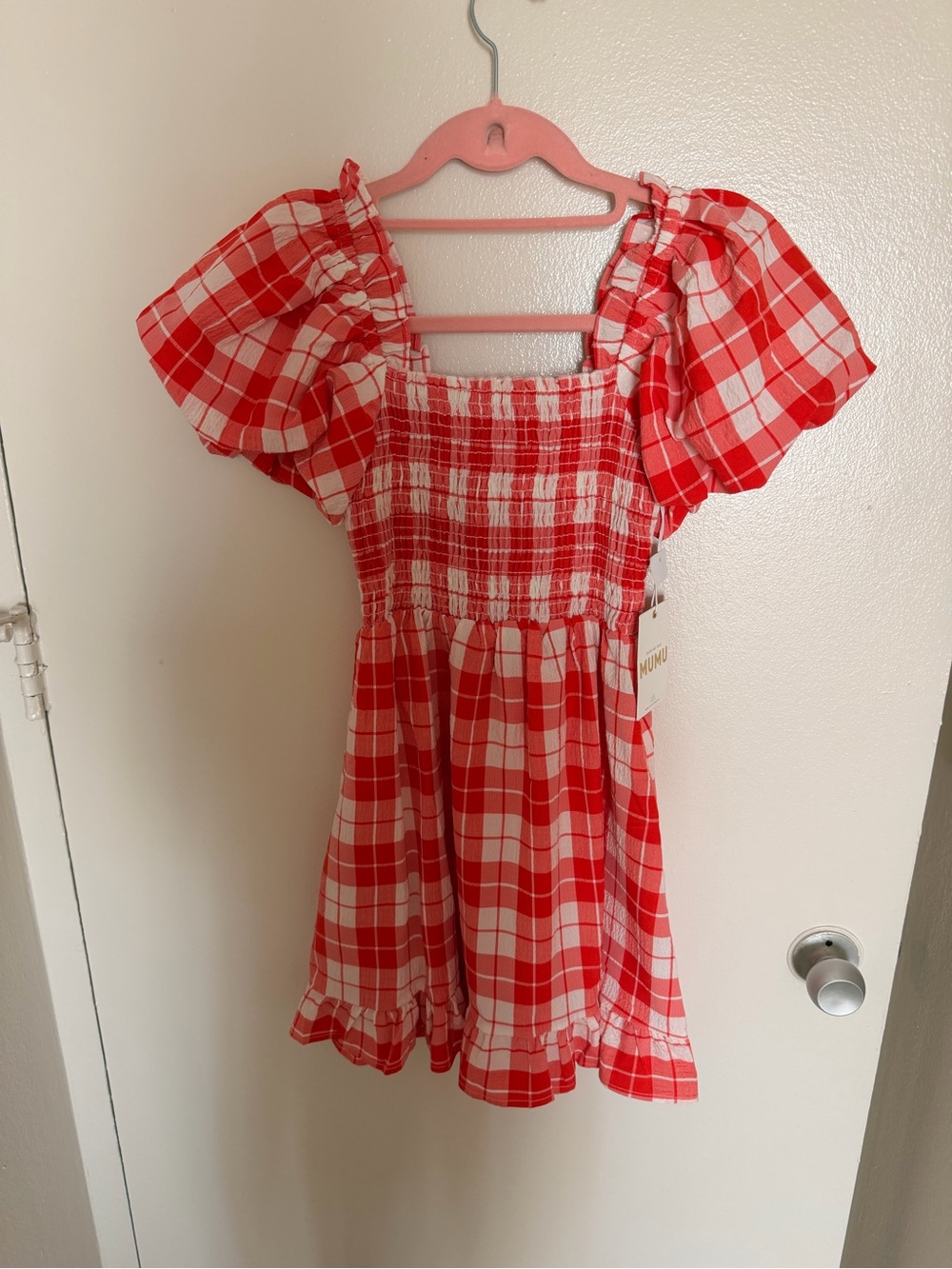 Show Me Your MuMu Red & White Plaid Smocked Puff Sleeve Dress